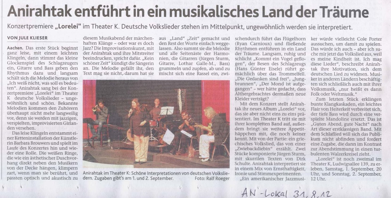 Aachener Nachrichten 31-8-2012 LORELEI - das Konzert